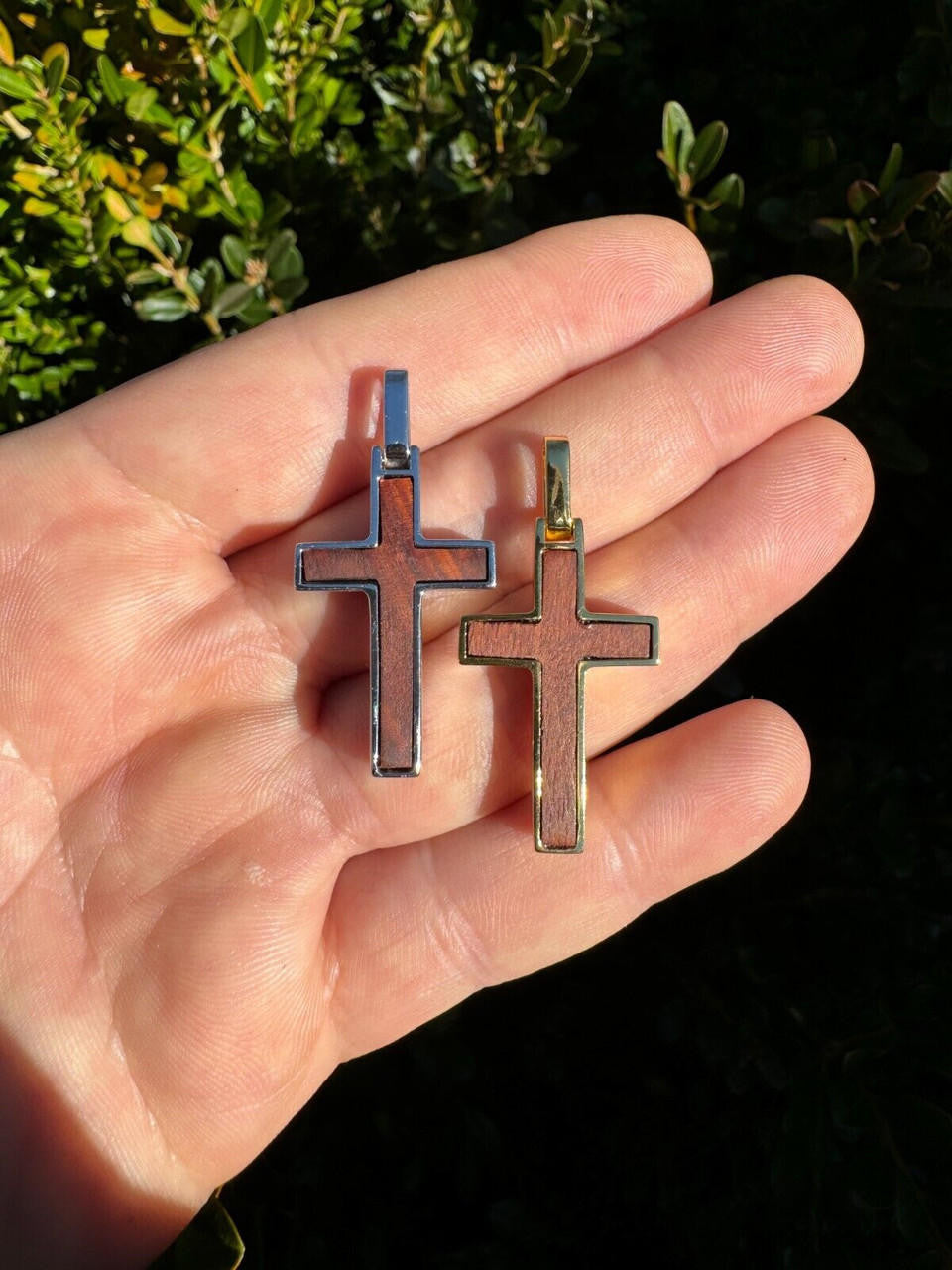 Wood Inlay Plain Religious Cross Pendant | 14k Gold Vermeil Or 925 Silver