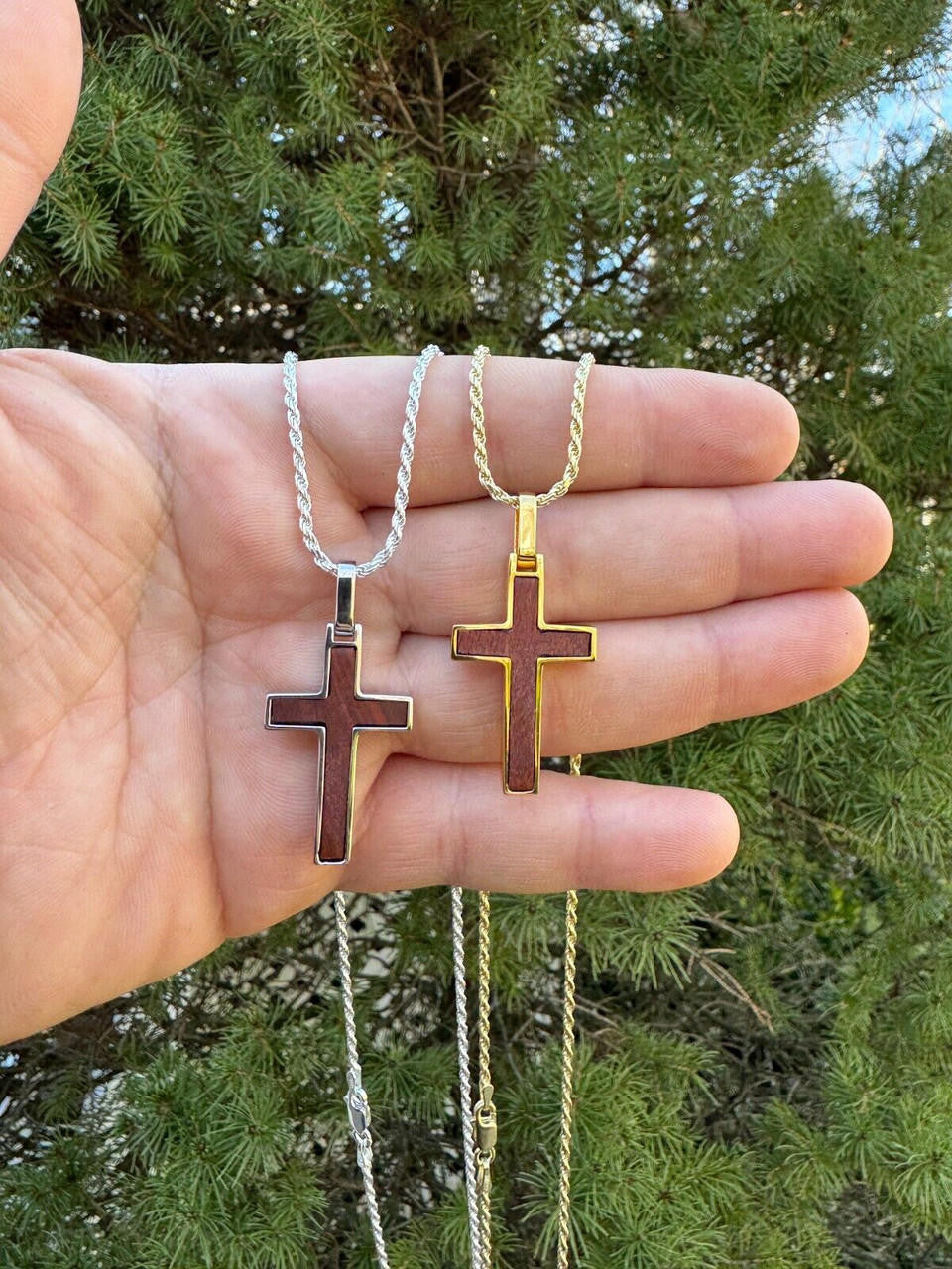 Wood Inlay Plain Religious Cross Pendant | 14k Gold Vermeil Or 925 Silver