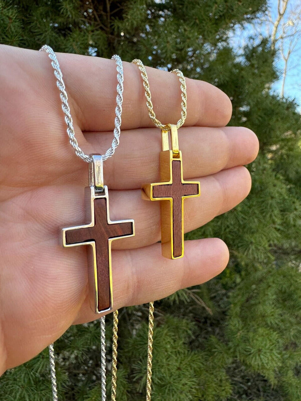 Wood Inlay Plain Religious Cross Pendant | 14k Gold Vermeil Or 925 Silver