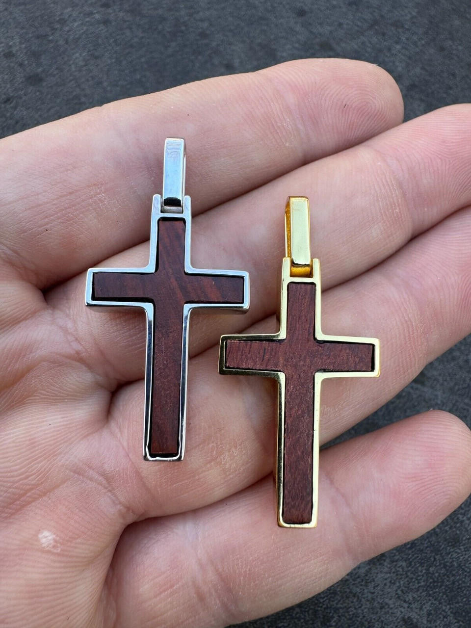 Wood Inlay Plain Religious Cross Pendant | 14k Gold Vermeil Or 925 Silver