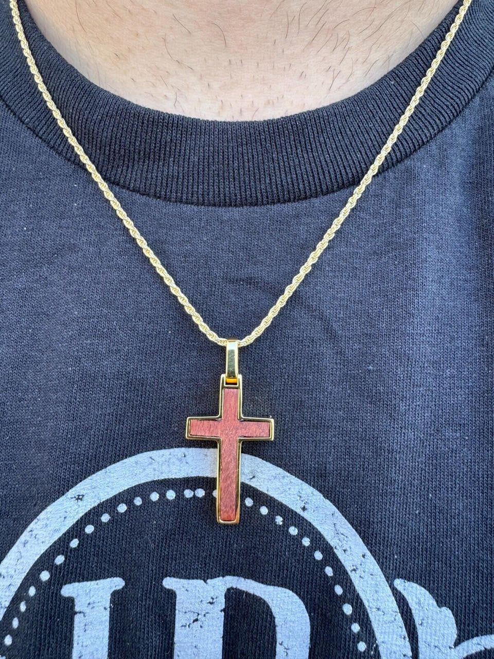 Wood Inlay Plain Religious Cross Pendant | 14k Gold Vermeil Or 925 Silver