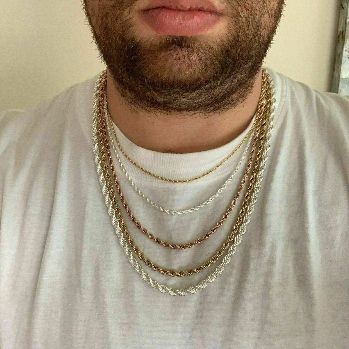 Rope Chain | Yellow Rose Or White Gold Over Solid Stainless Steel