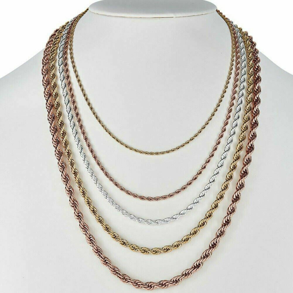 Rope Chain | Yellow Rose Or White Gold Over Solid Stainless Steel