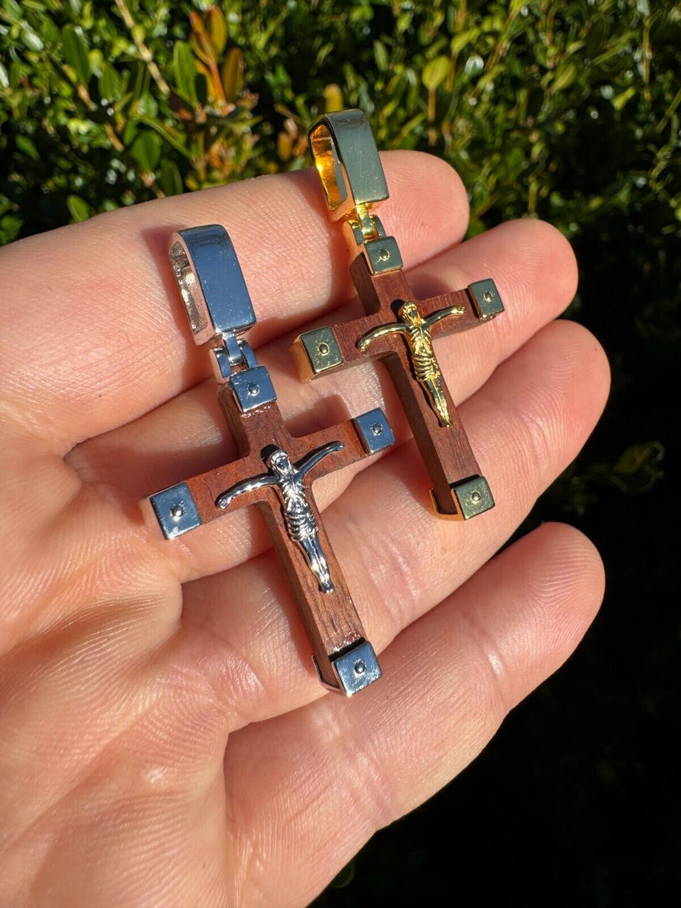 Natural Wood Plain Jesus Cross Pendant | 14k Gold Vermeil Or 925 Silver
