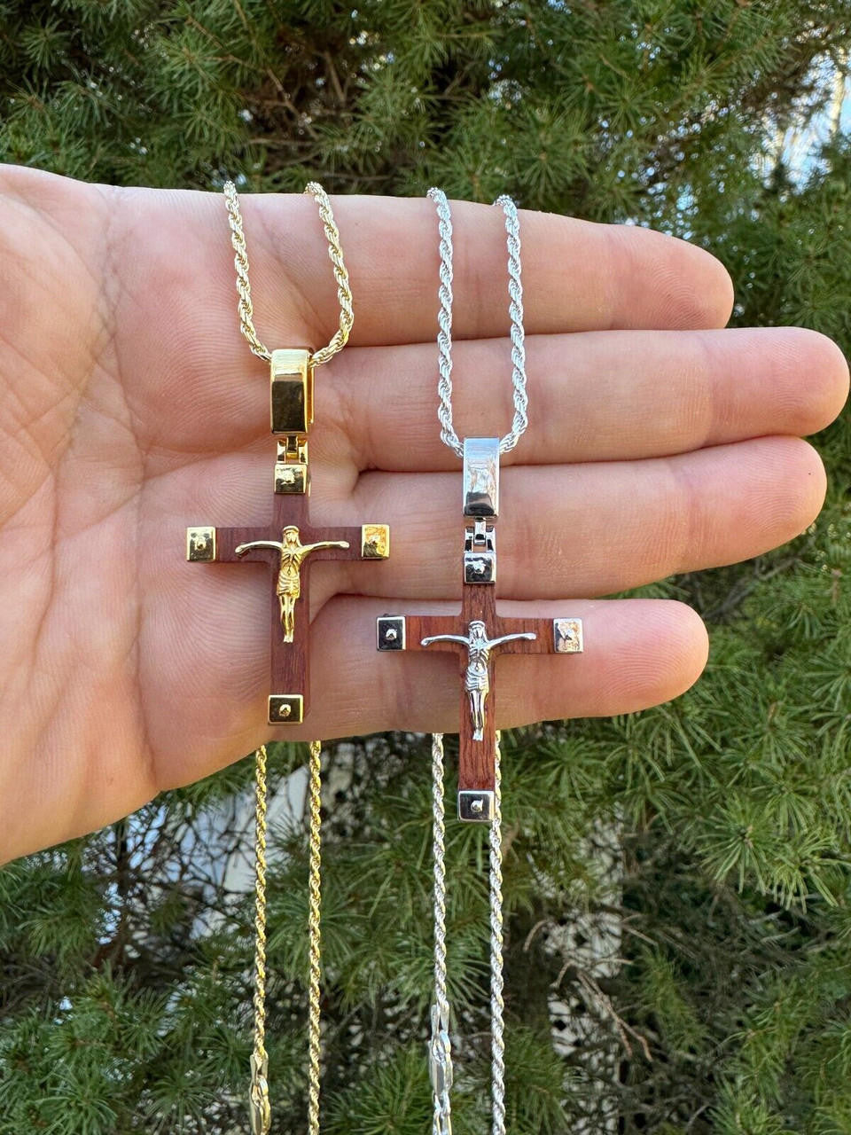 Natural Wood Plain Jesus Cross Pendant | 14k Gold Vermeil Or 925 Silver
