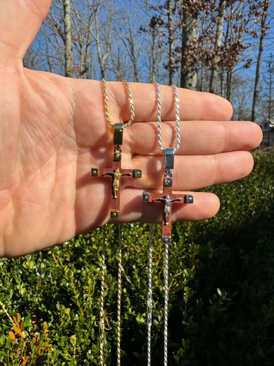 Natural Wood Plain Jesus Cross Pendant | 14k Gold Vermeil Or 925 Silver