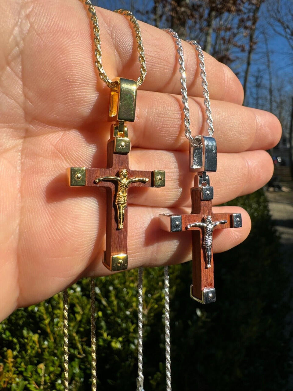 Natural Wood Plain Jesus Cross Pendant | 14k Gold Vermeil Or 925 Silver