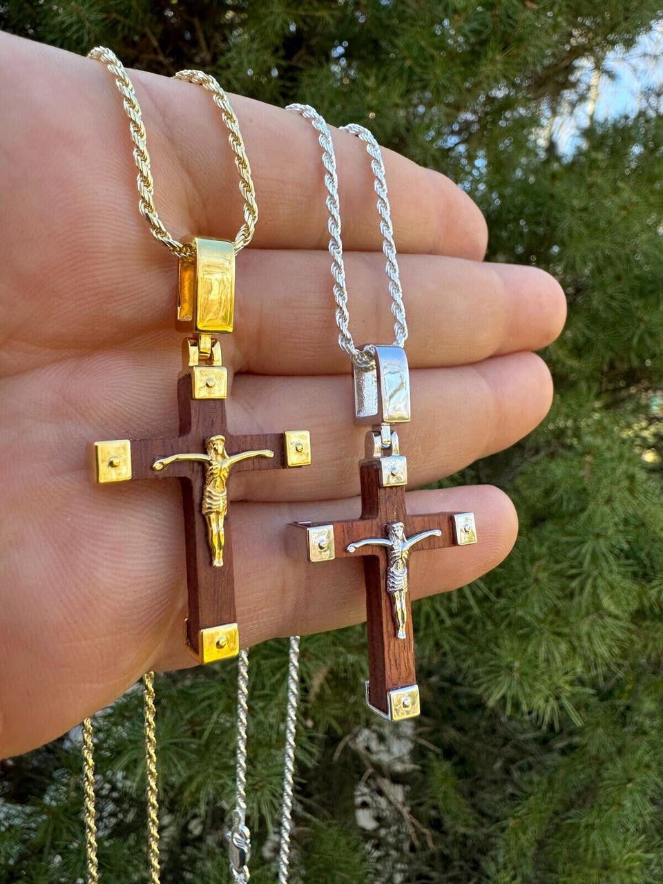 Natural Wood Plain Jesus Cross Pendant | 14k Gold Vermeil Or 925 Silver