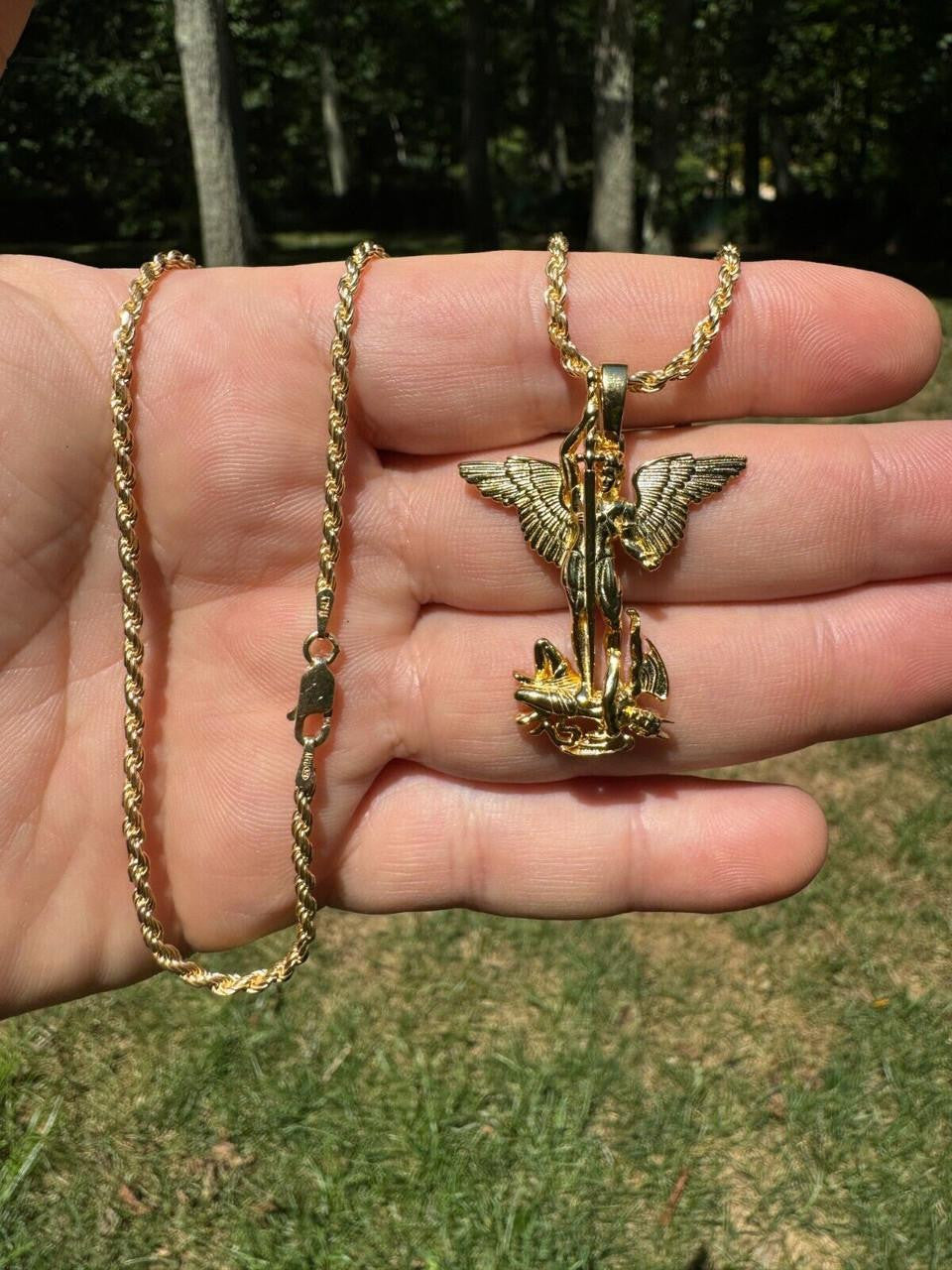 Artwork Saint St Michael Slaying Dragon Archangel Pendant | 14k Gold Vermeil 925 Silver