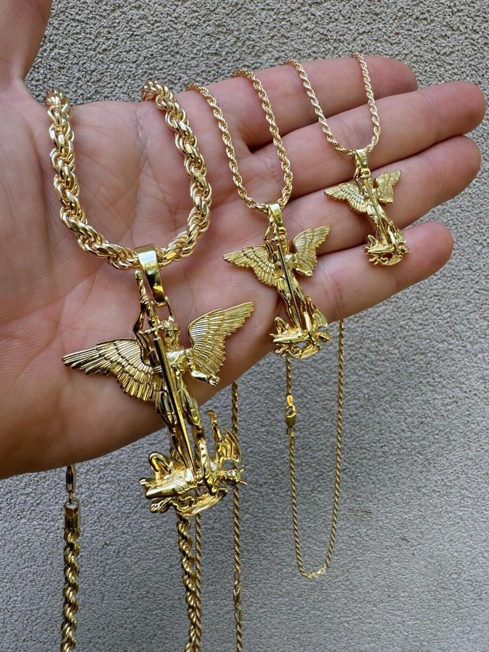 Artwork Saint St Michael Slaying Dragon Archangel Pendant | 14k Gold Vermeil 925 Silver