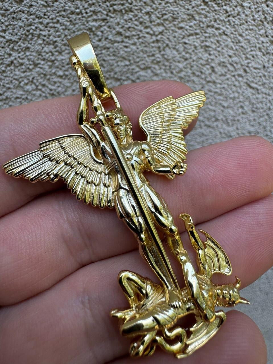 Artwork Saint St Michael Slaying Dragon Archangel Pendant | 14k Gold Vermeil 925 Silver