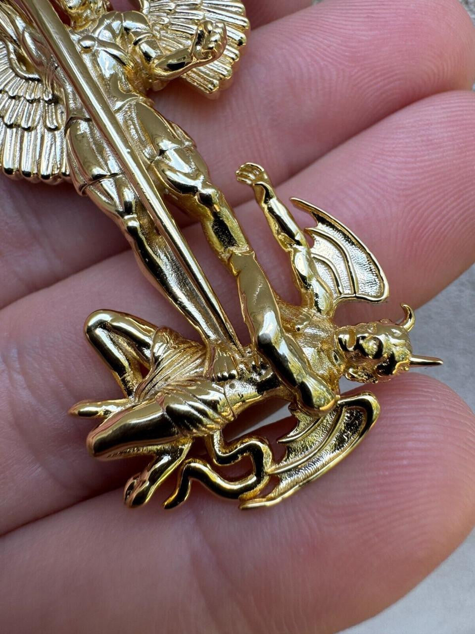 Artwork Saint St Michael Slaying Dragon Archangel Pendant | 14k Gold Vermeil 925 Silver
