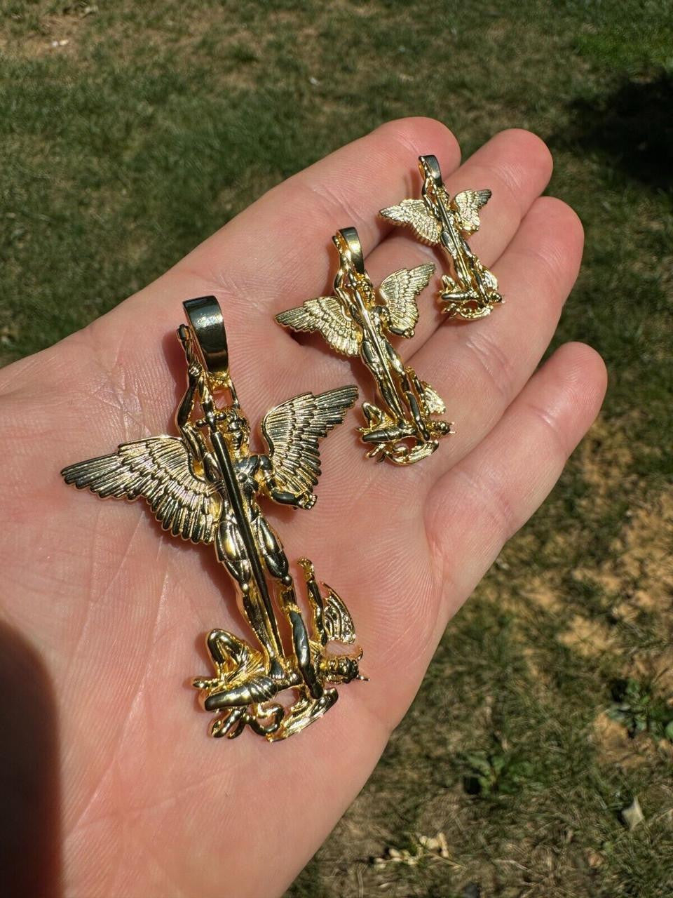 Artwork Saint St Michael Slaying Dragon Archangel Pendant | 14k Gold Vermeil 925 Silver