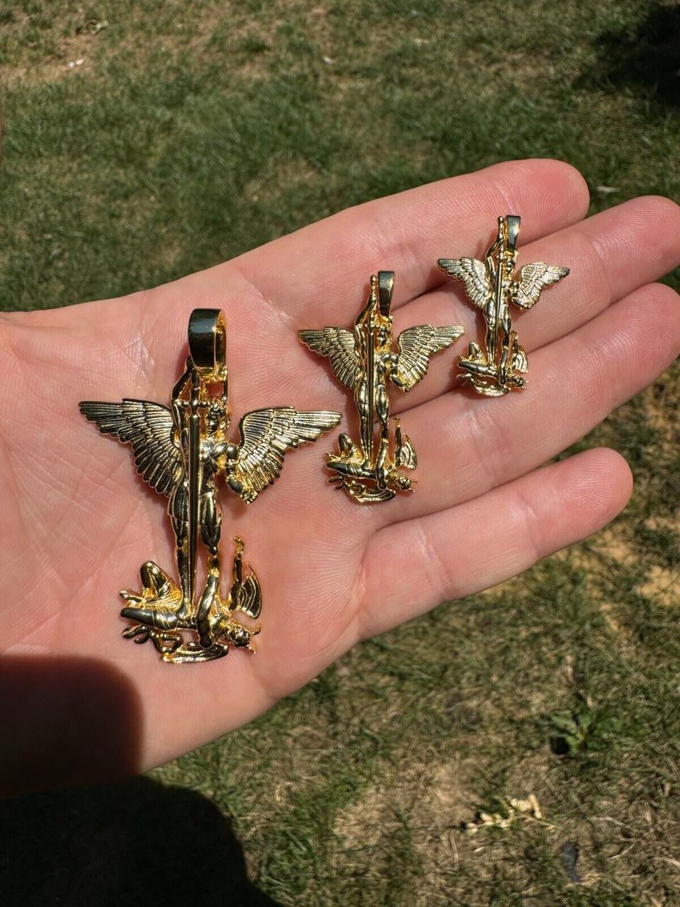 Artwork Saint St Michael Slaying Dragon Archangel Pendant | 14k Gold Vermeil 925 Silver