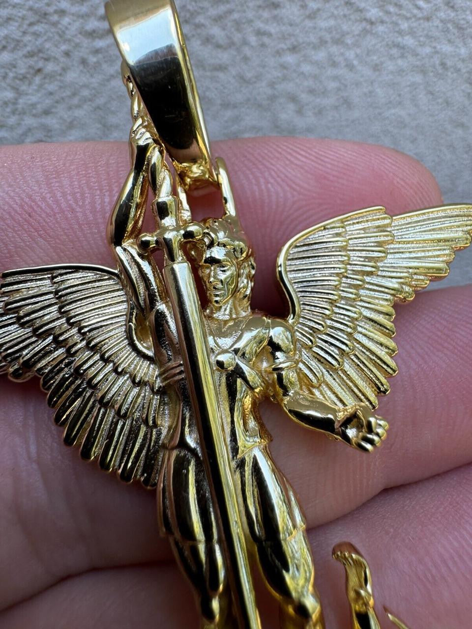Artwork Saint St Michael Slaying Dragon Archangel Pendant | 14k Gold Vermeil 925 Silver