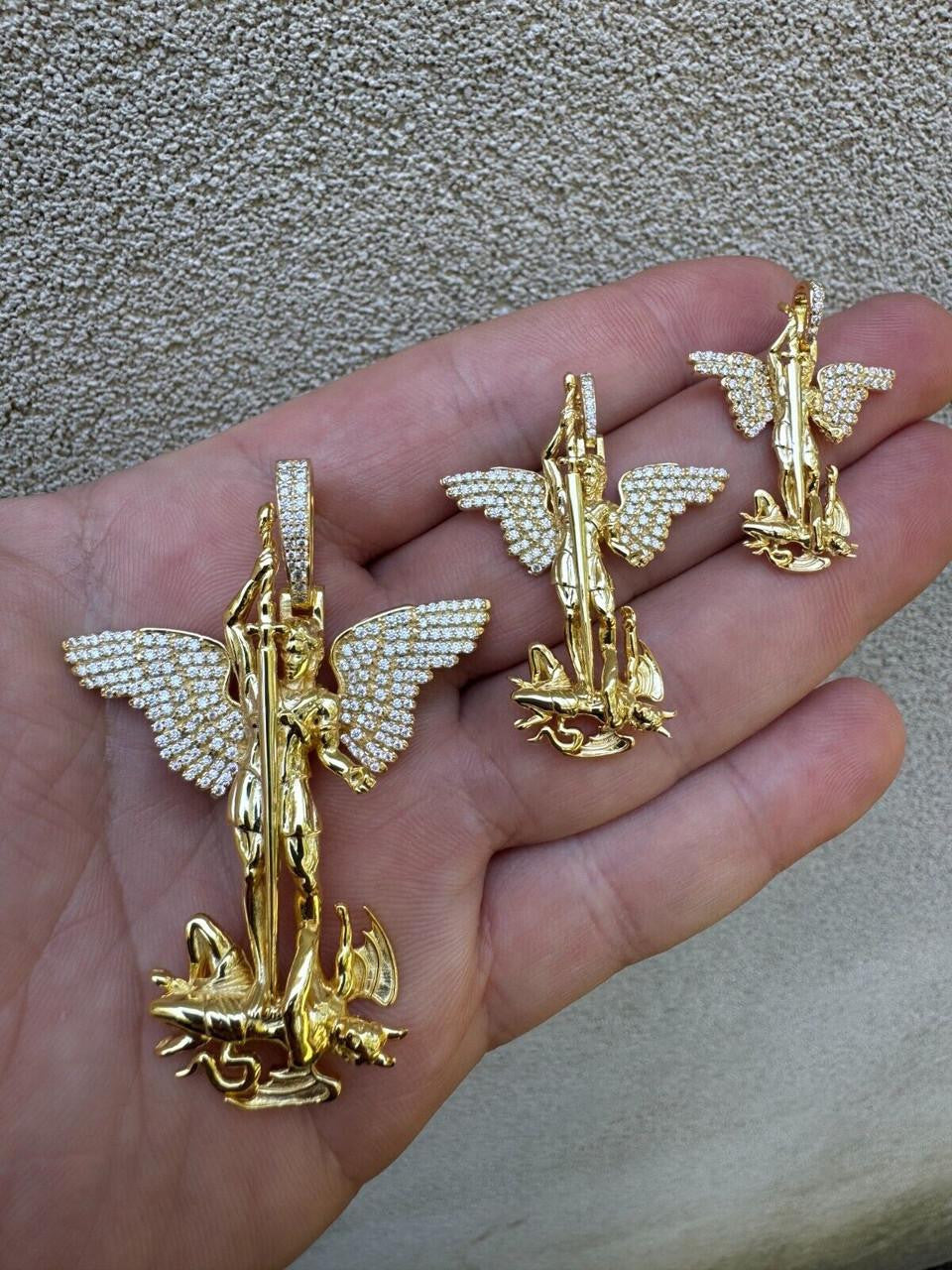 Moissanite Artwork Saint St Michael Slaying Dragon Archangel Pendant | 14k Gold Vermeil 925 Silver