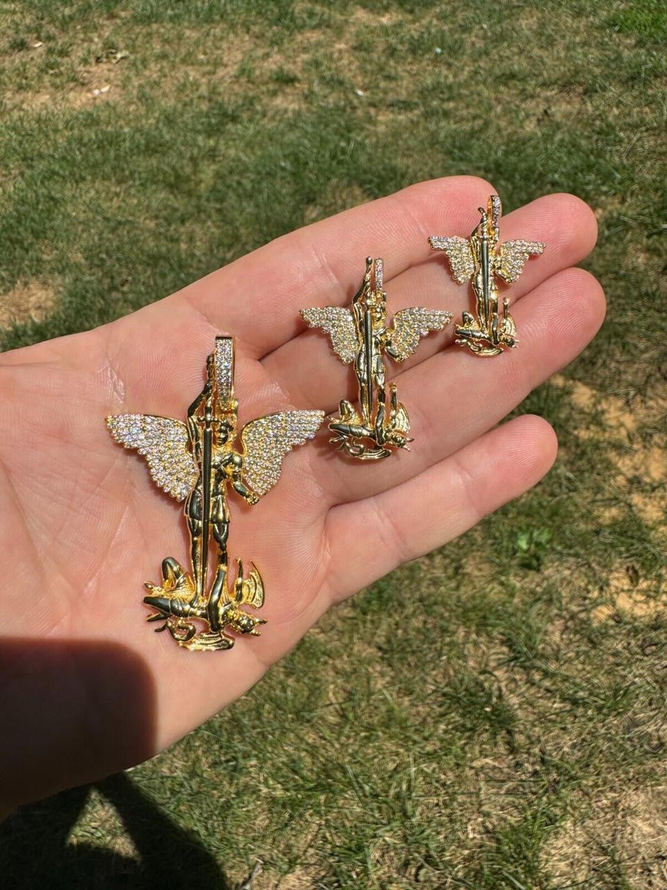 Moissanite Artwork Saint St Michael Slaying Dragon Archangel Pendant | 14k Gold Vermeil 925 Silver