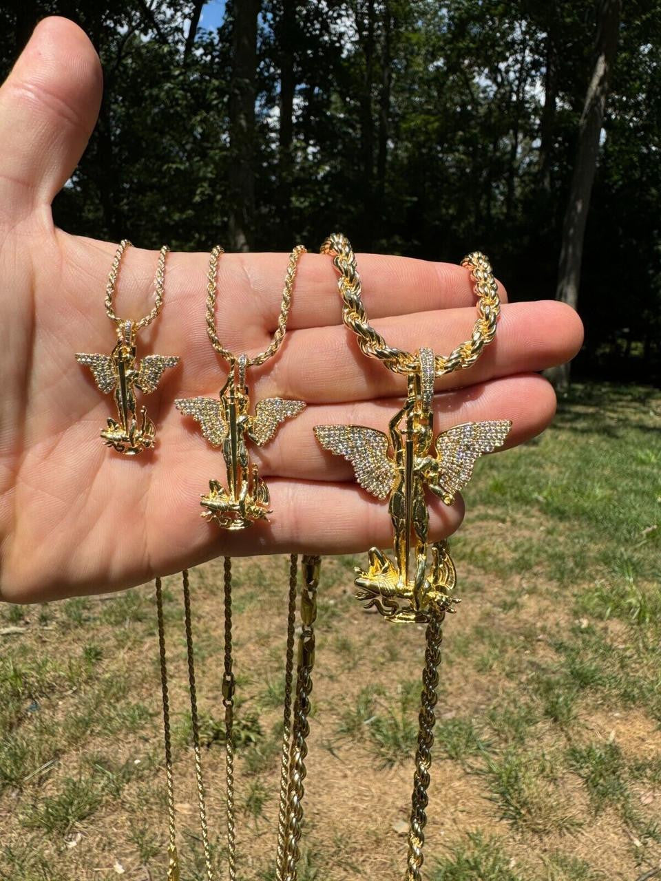 Moissanite Artwork Saint St Michael Slaying Dragon Archangel Pendant | 14k Gold Vermeil 925 Silver