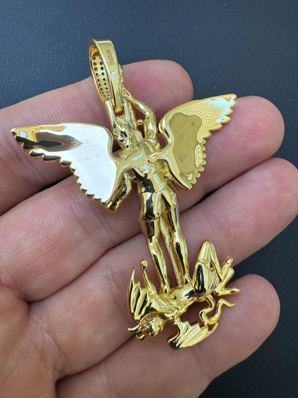 Moissanite Artwork Saint St Michael Slaying Dragon Archangel Pendant | 14k Gold Vermeil 925 Silver