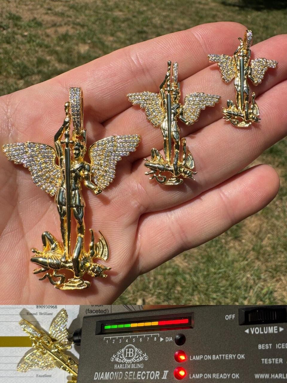 Moissanite Artwork Saint St Michael Slaying Dragon Archangel Pendant | 14k Gold Vermeil 925 Silver