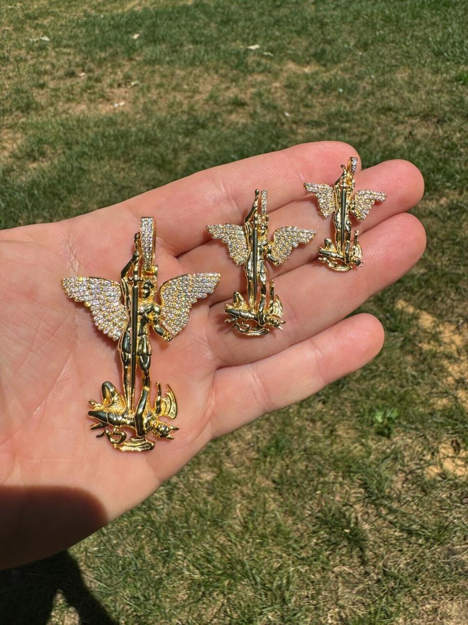 Moissanite Artwork Saint St Michael Slaying Dragon Archangel Pendant | 14k Gold Vermeil 925 Silver
