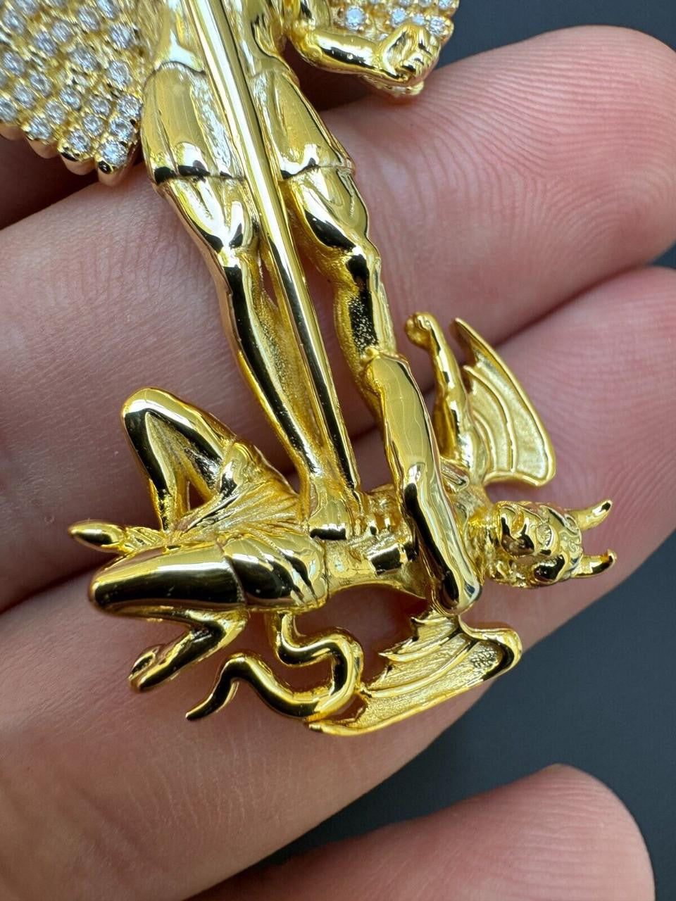 Moissanite Artwork Saint St Michael Slaying Dragon Archangel Pendant | 14k Gold Vermeil 925 Silver