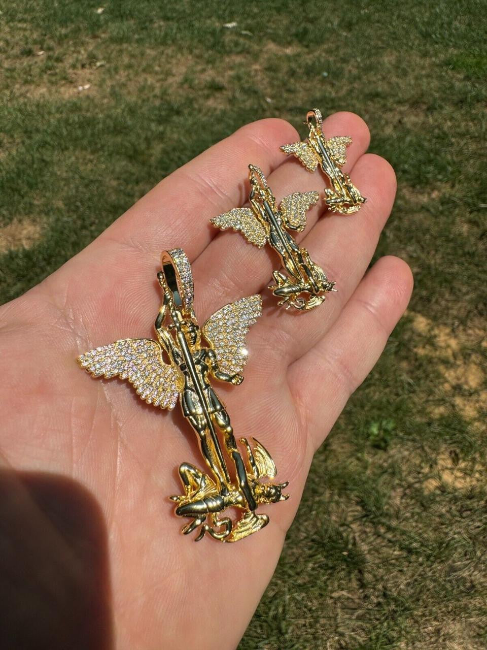 Moissanite Artwork Saint St Michael Slaying Dragon Archangel Pendant | 14k Gold Vermeil 925 Silver