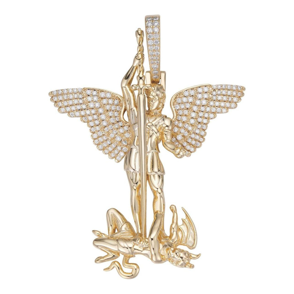 Moissanite Artwork Saint St Michael Slaying Dragon Archangel Pendant | 14k Gold Vermeil 925 Silver