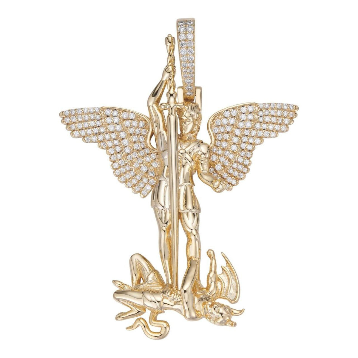 Moissanite Artwork Saint St Michael Slaying Dragon Archangel Pendant | 14k Gold Vermeil 925 Silver