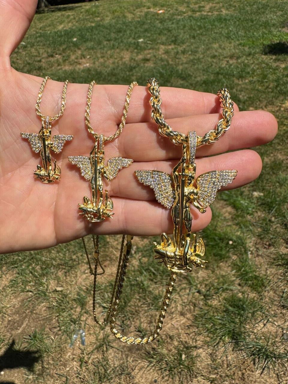 Moissanite Artwork Saint St Michael Slaying Dragon Archangel Pendant | 14k Gold Vermeil 925 Silver