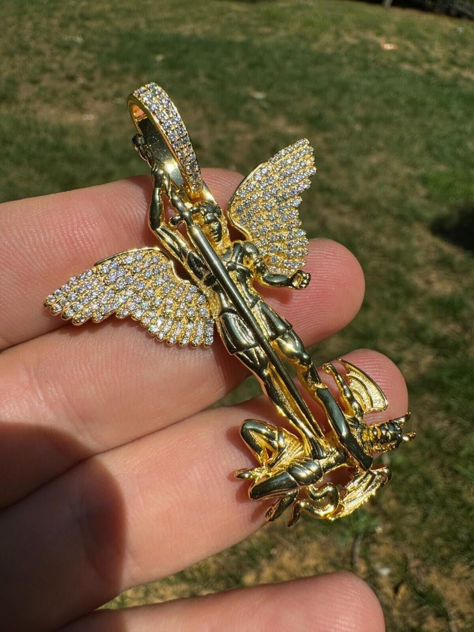 Moissanite Artwork Saint St Michael Slaying Dragon Archangel Pendant | 14k Gold Vermeil 925 Silver