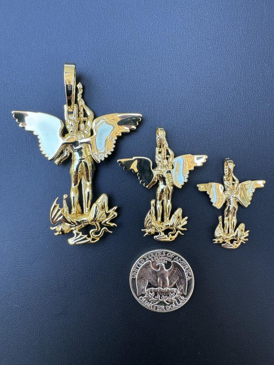 Moissanite Artwork Saint St Michael Slaying Dragon Archangel Pendant | 14k Gold Vermeil 925 Silver