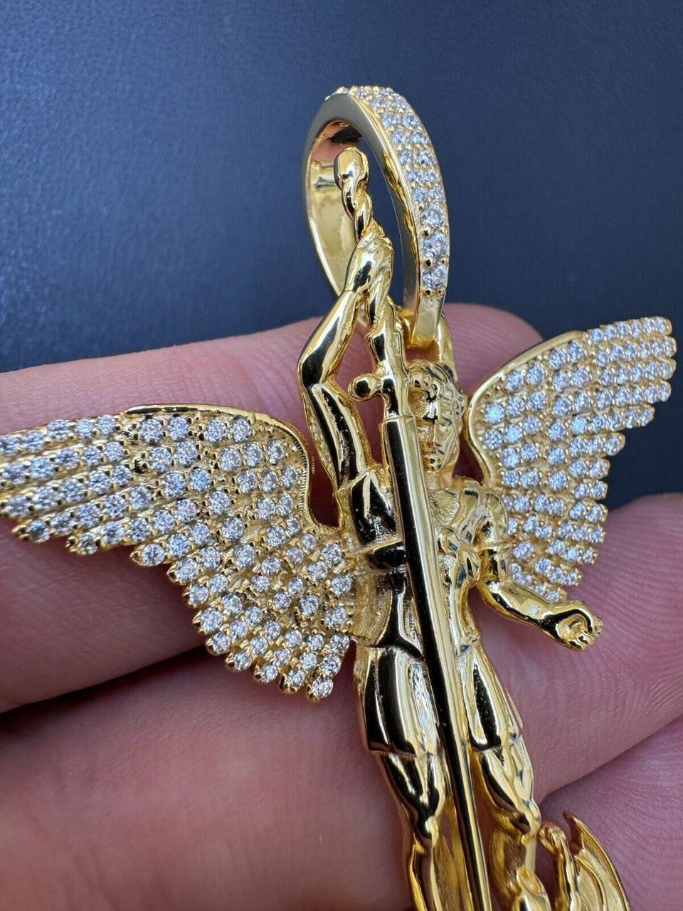 Moissanite Artwork Saint St Michael Slaying Dragon Archangel Pendant | 14k Gold Vermeil 925 Silver