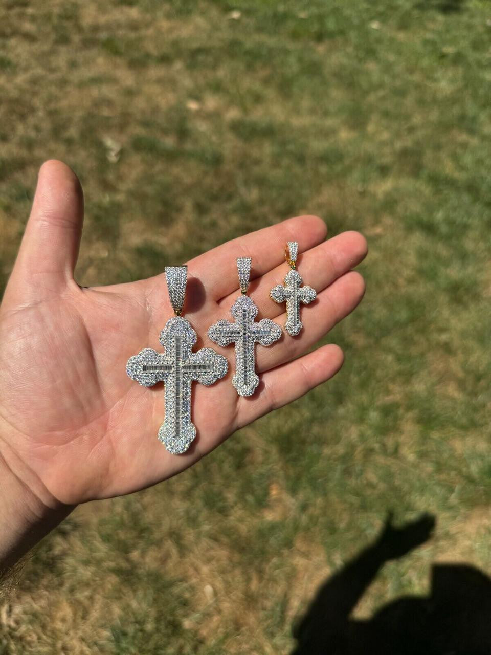 Moissanite Baguette Gothic Iced Out Cross Pendant | 14k Gold Vermeil 925 Silver