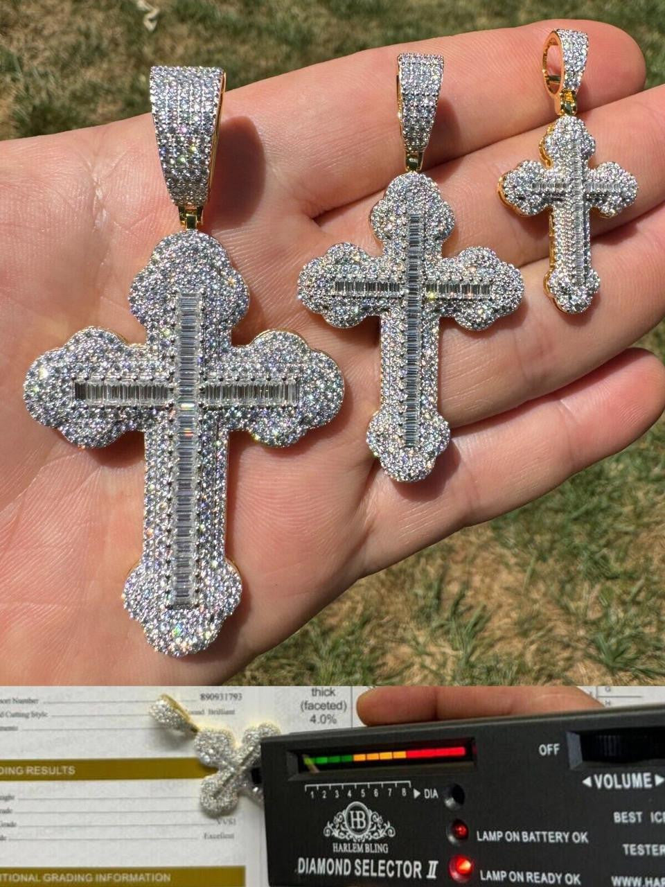 Moissanite Baguette Gothic Iced Out Cross Pendant | 14k Gold Vermeil 925 Silver
