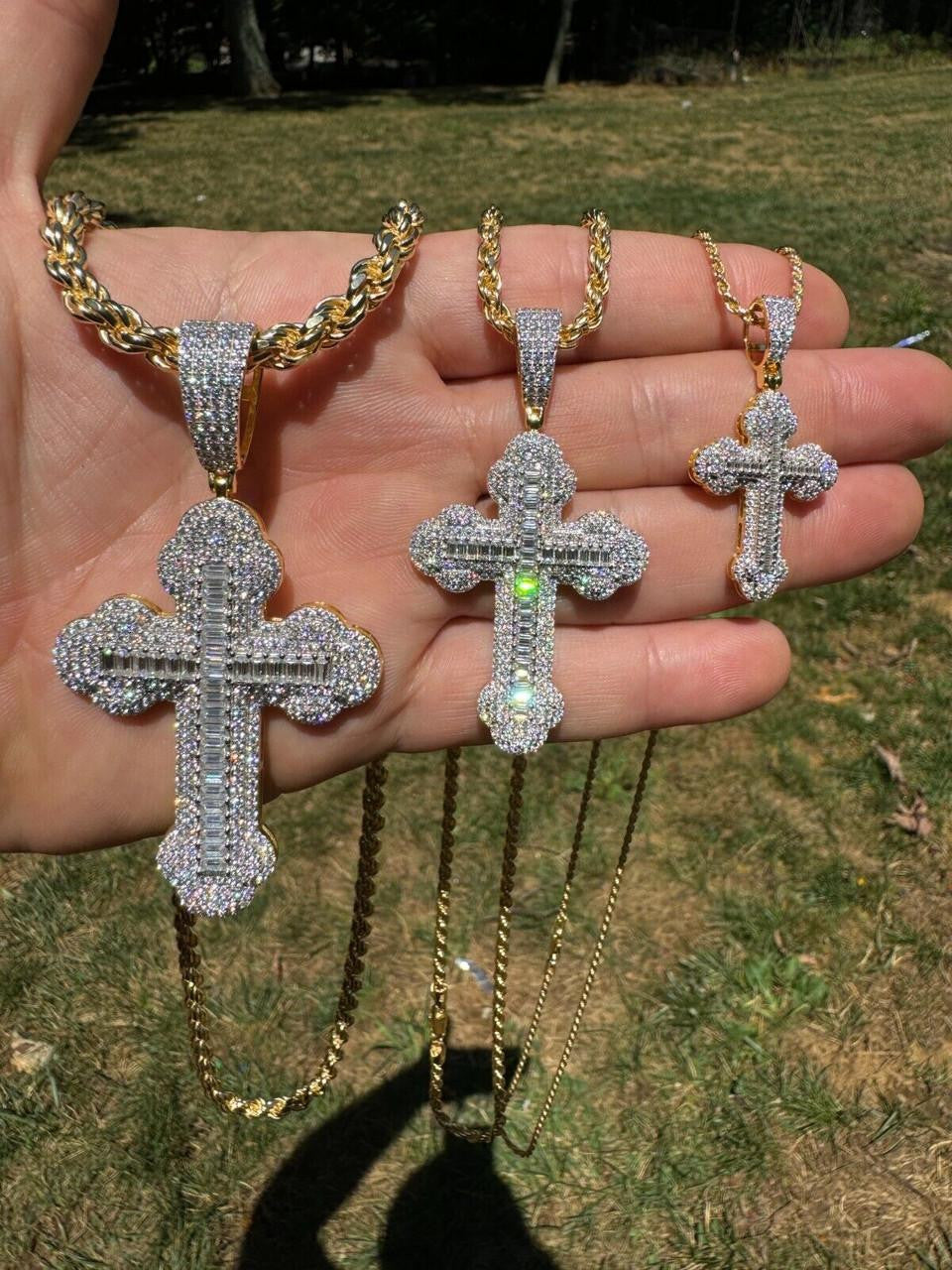 Moissanite Baguette Gothic Iced Out Cross Pendant | 14k Gold Vermeil 925 Silver