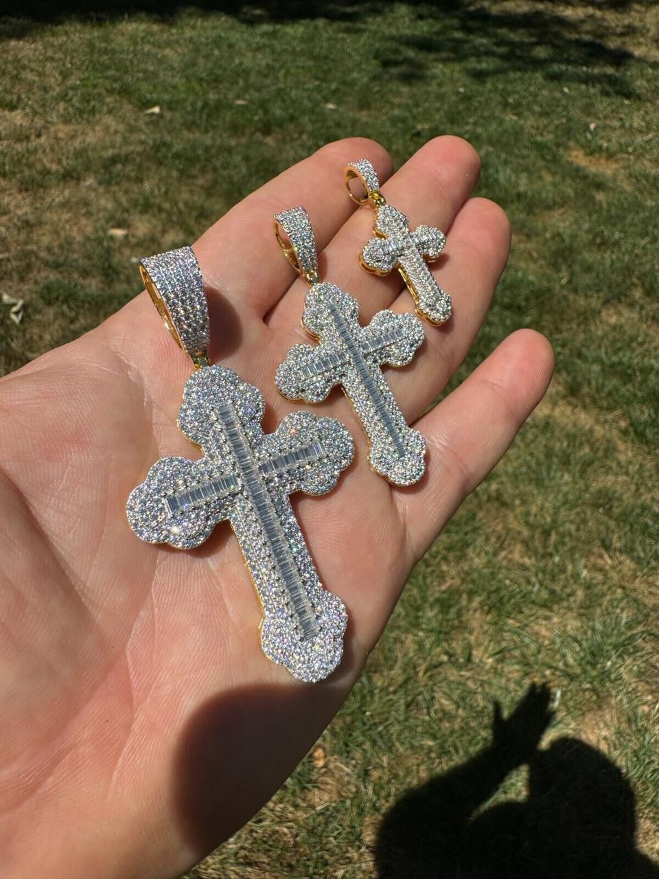 Moissanite Baguette Gothic Iced Out Cross Pendant | 14k Gold Vermeil 925 Silver