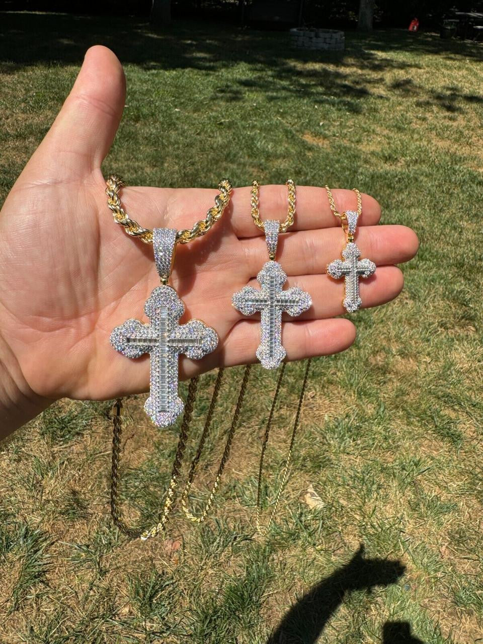Moissanite Baguette Gothic Iced Out Cross Pendant | 14k Gold Vermeil 925 Silver