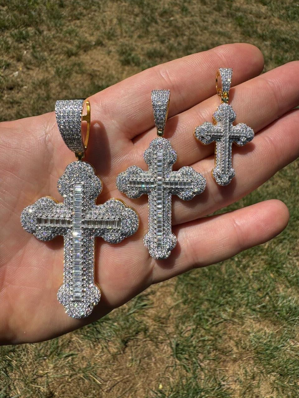 Moissanite Baguette Gothic Iced Out Cross Pendant | 14k Gold Vermeil 925 Silver