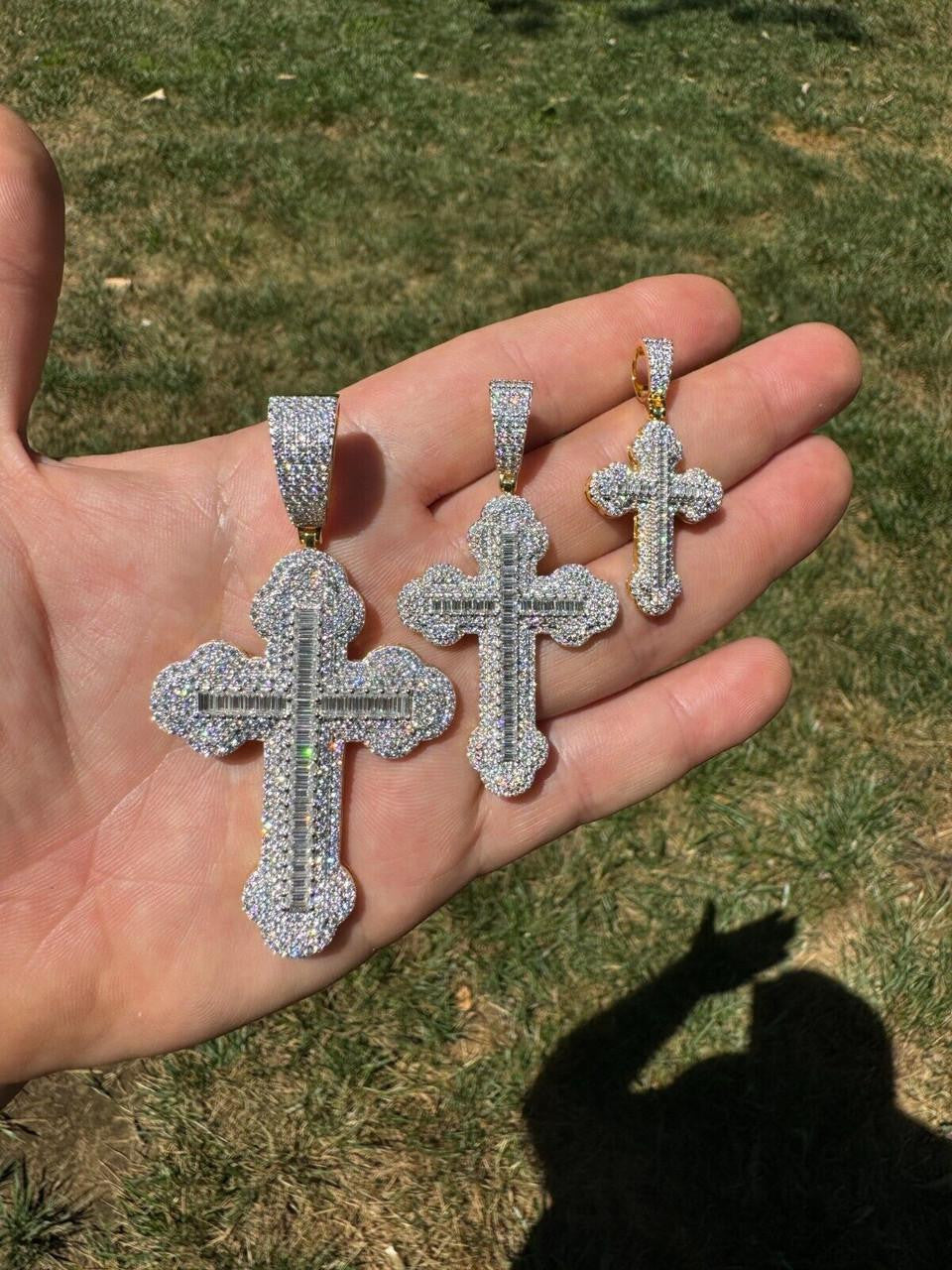 Moissanite Baguette Gothic Iced Out Cross Pendant | 14k Gold Vermeil 925 Silver