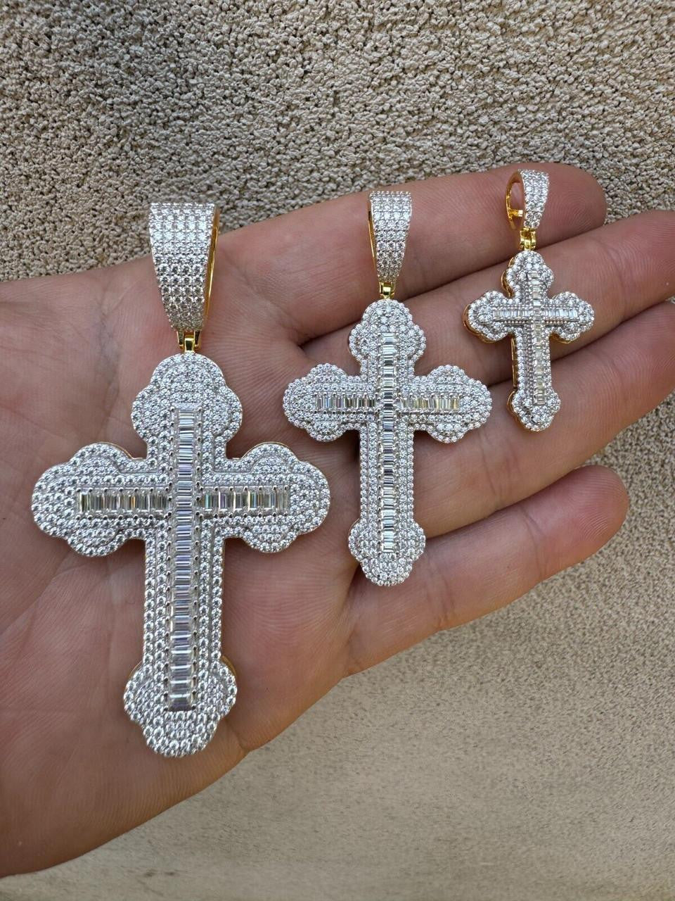 Moissanite Baguette Gothic Iced Out Cross Pendant | 14k Gold Vermeil 925 Silver