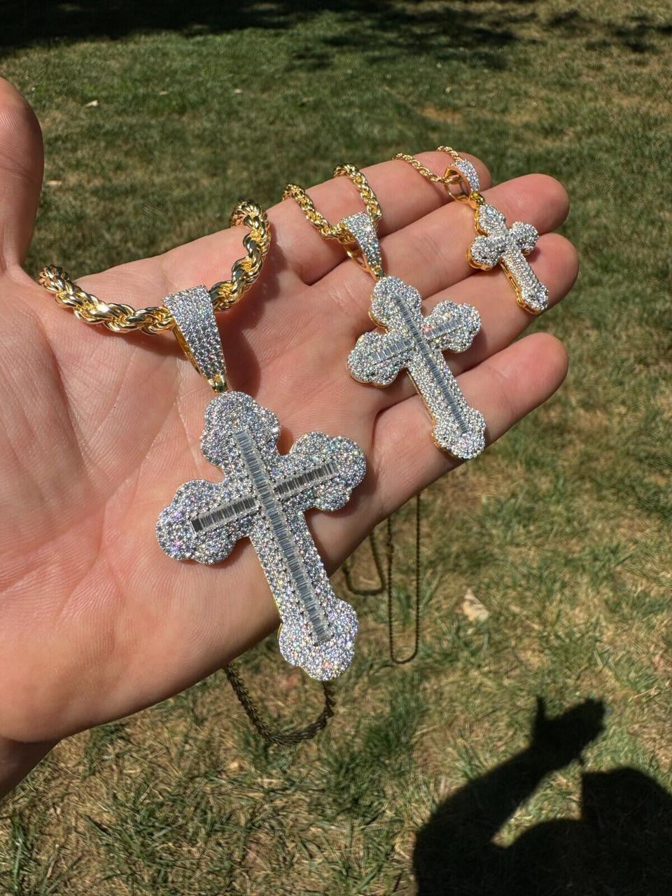 Moissanite Baguette Gothic Iced Out Cross Pendant | 14k Gold Vermeil 925 Silver