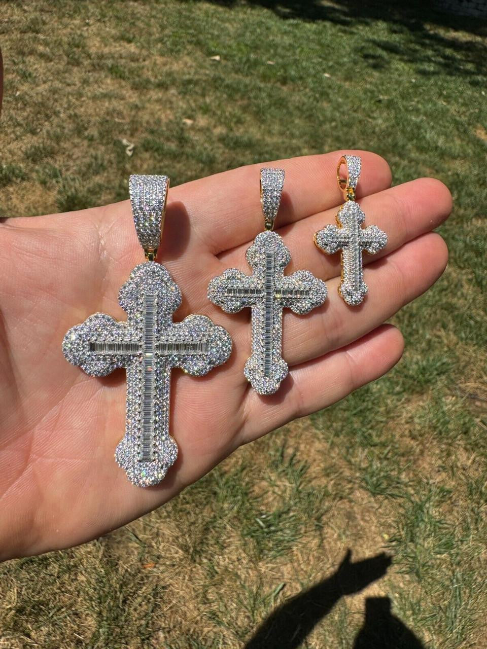Moissanite Baguette Gothic Iced Out Cross Pendant | 14k Gold Vermeil 925 Silver