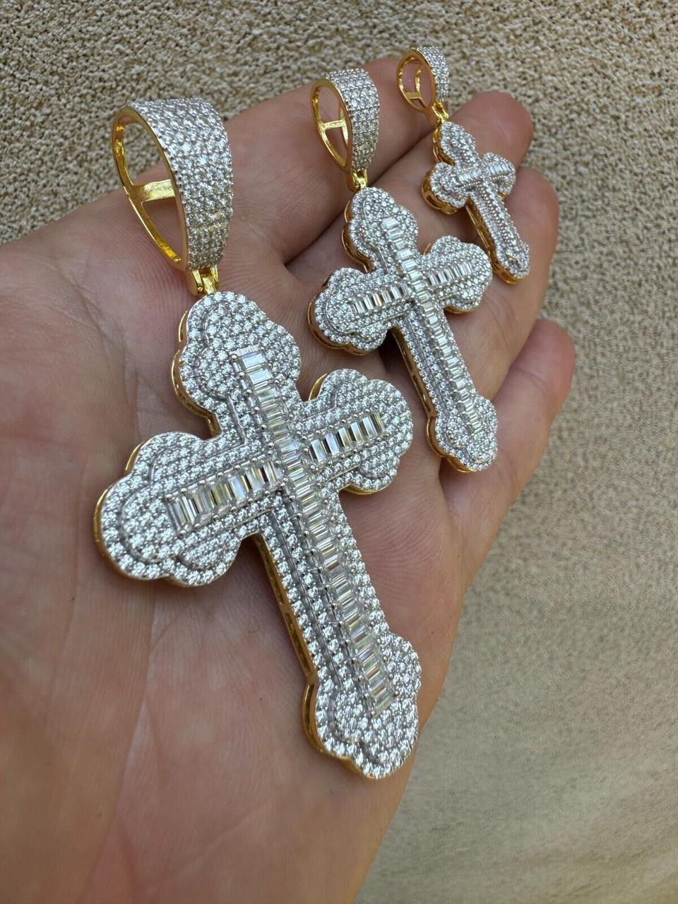 Moissanite Baguette Gothic Iced Out Cross Pendant | 14k Gold Vermeil 925 Silver