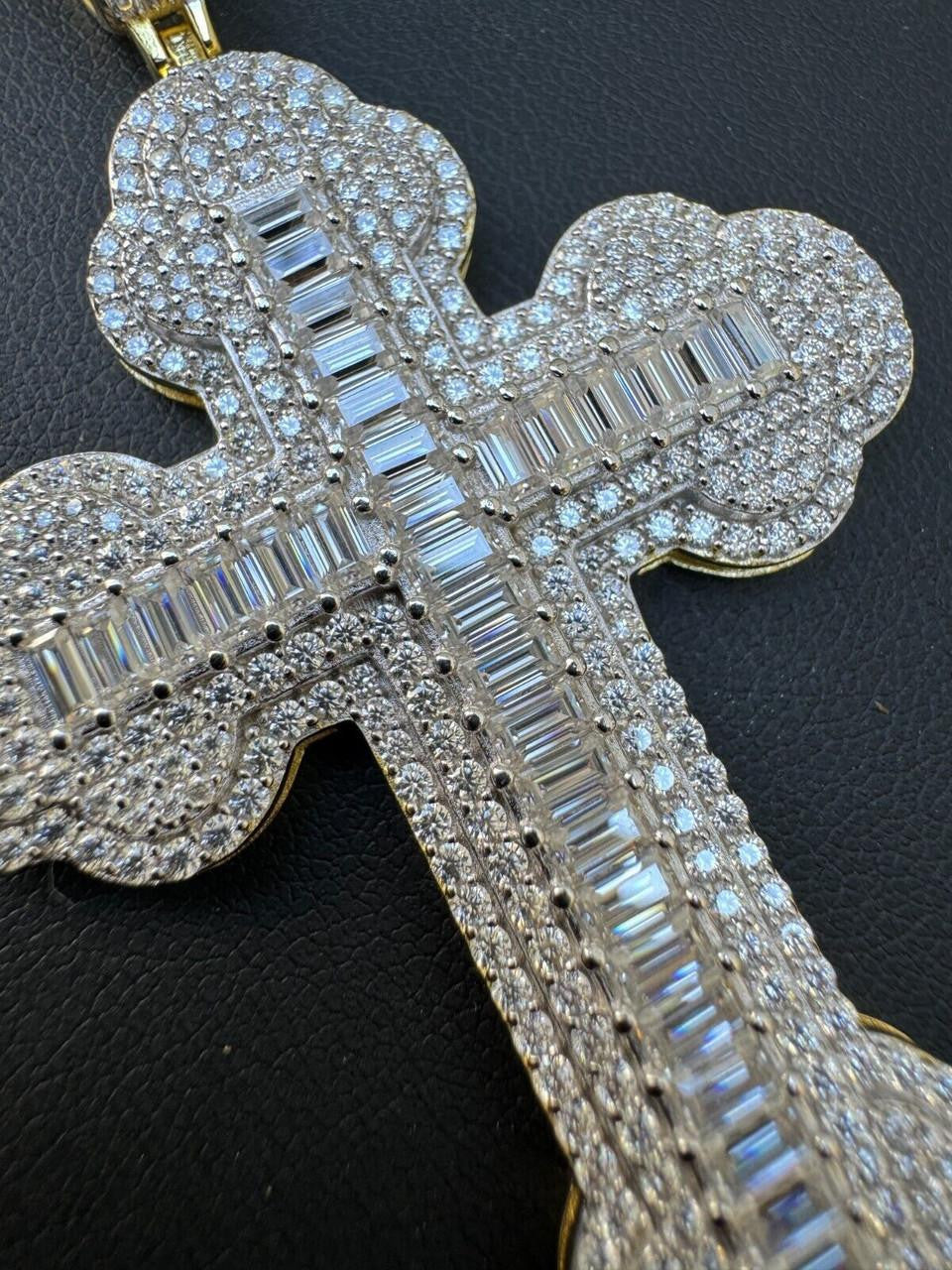 Moissanite Baguette Gothic Iced Out Cross Pendant | 14k Gold Vermeil 925 Silver