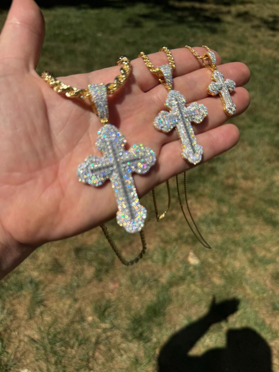 Moissanite Baguette Gothic Iced Out Cross Pendant | 14k Gold Vermeil 925 Silver