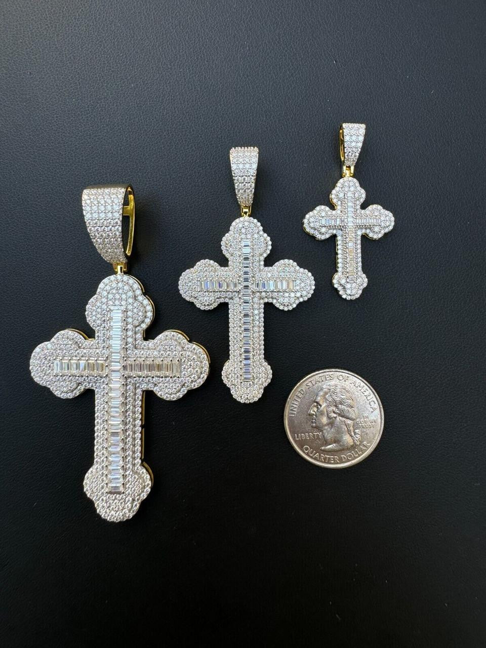 Moissanite Baguette Gothic Iced Out Cross Pendant | 14k Gold Vermeil 925 Silver