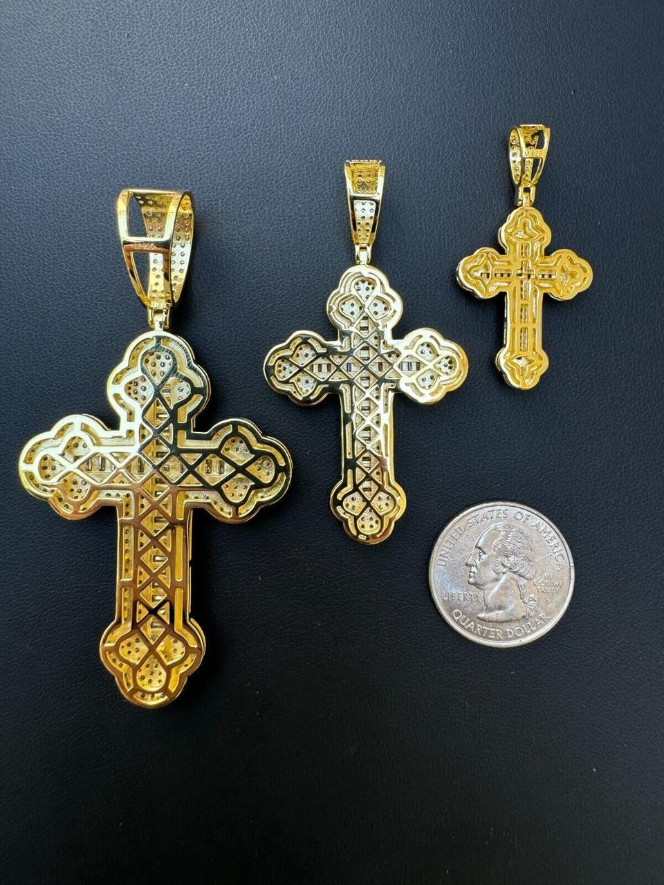Moissanite Baguette Gothic Iced Out Cross Pendant | 14k Gold Vermeil 925 Silver