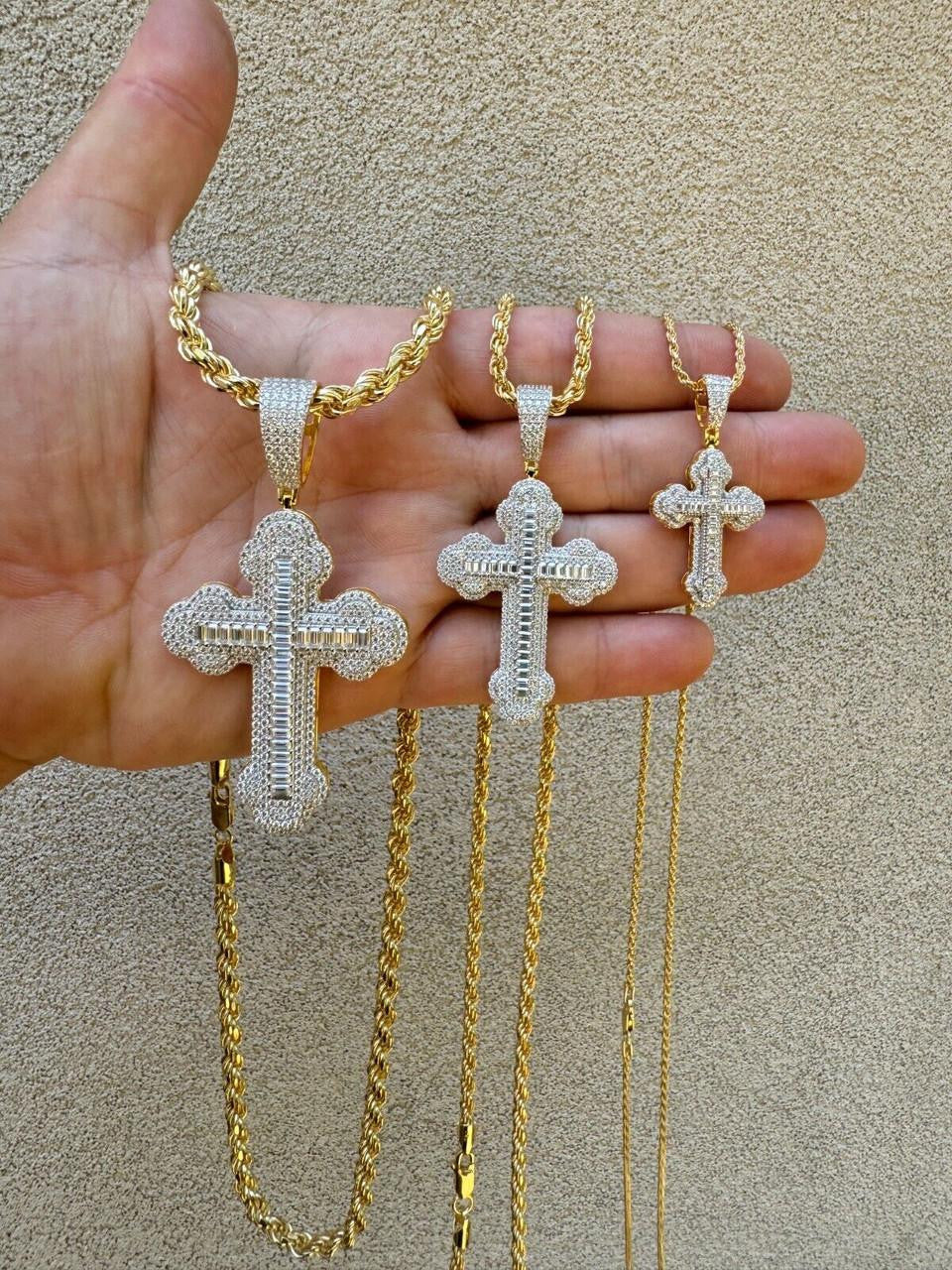 Moissanite Baguette Gothic Iced Out Cross Pendant | 14k Gold Vermeil 925 Silver