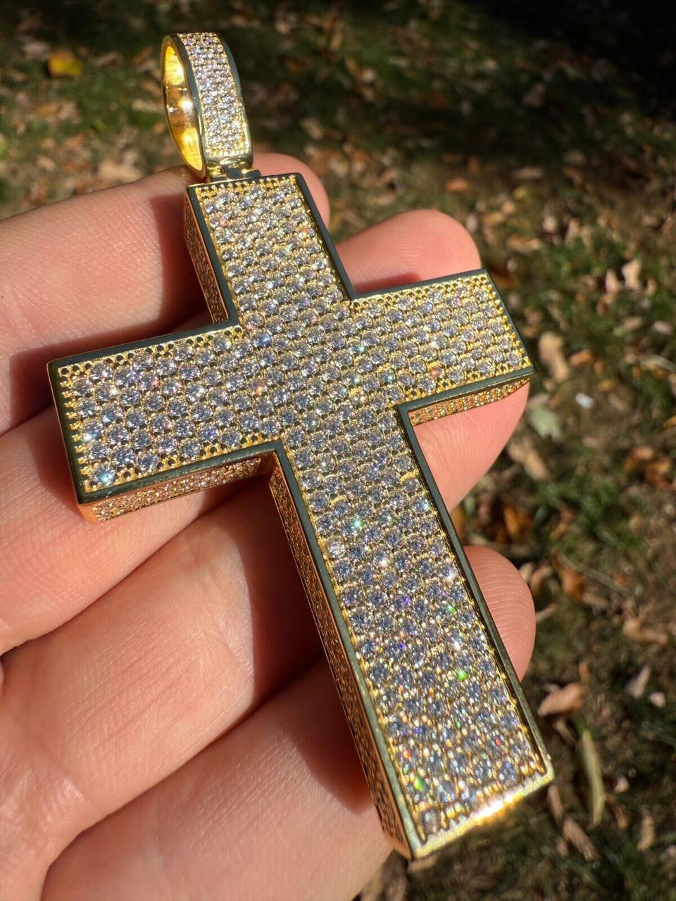 Moissanite Boss From All Sides 3D Iced Out Cross Pendant | 14k Gold Vermeil 925 Silver